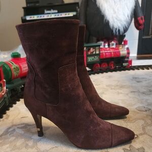 Authetic Chanel suede leather cap toe high heel ankle boots burgundy Size 5